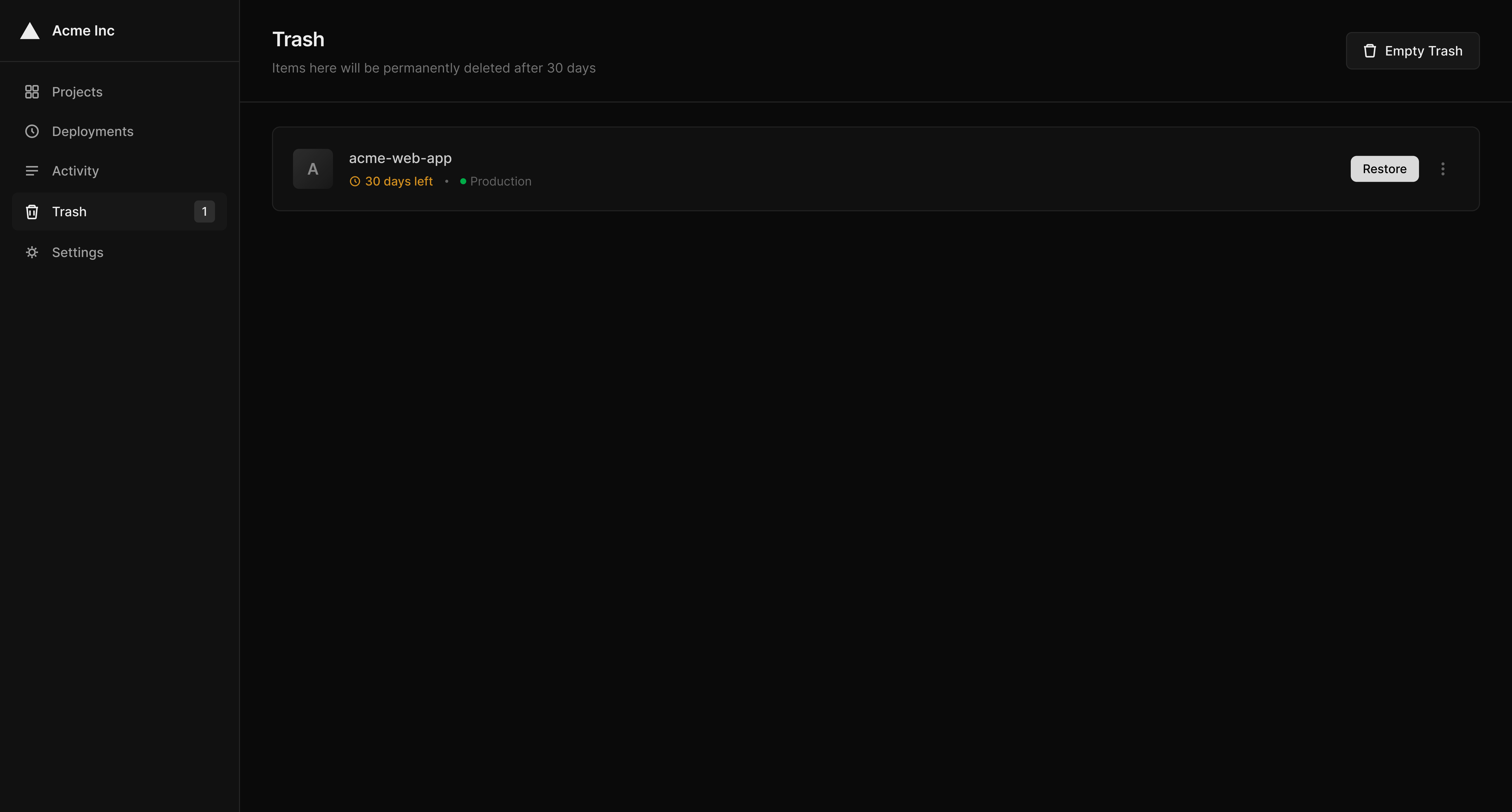 Trash page with restore option